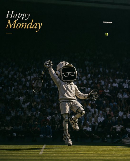 The image shows a person in white athletic attire and sunglasses jumping with a tennis racket on a court, set against a dark stadium crowd, with "Happy Monday" text overlaid in yellow.