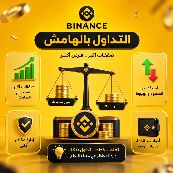 A promotional Binance graphic in Arabic titled "تداول بالهامش" (Margin Trading), featuring a scale balancing "أموال مقترضة" (borrowed funds) against "رأس مالك" (your capital), with surrounding icons highlighting larger deals, profit opportunities from rising/falling markets, risk management, and advanced tools. The image illustrates the post's lesson about using borrowed money to amplify trade size beyond one's own capital—a powerful but risky strategy.