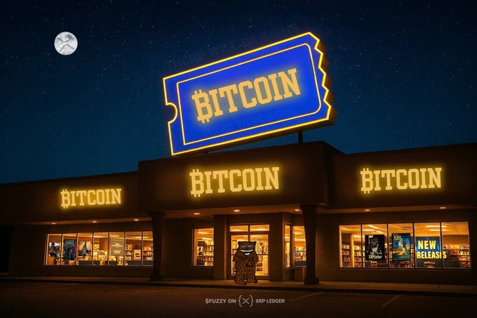 A nighttime illustration of a 'BITCOIN' store with a large blue ticket-shaped sign, glowing yellow signage, and a bear-like figure standing in the entrance, branded 'THE WALRUS DESIGN' and 'SFUZZY ON XRP LEDGER'.
