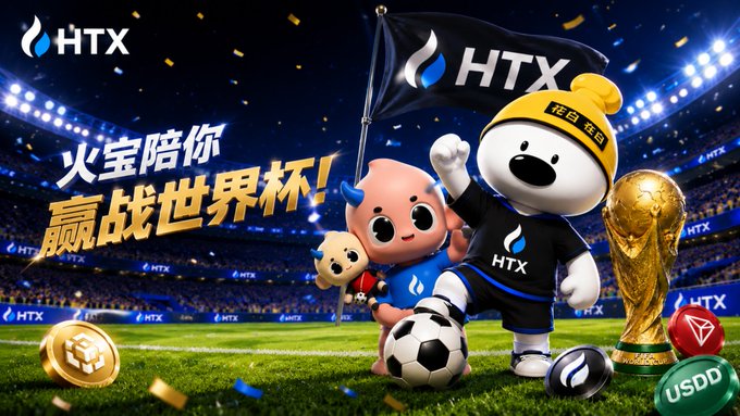 Promotional banner for HTX cryptocurrency exchange featuring cartoon mascot characters, a FIFA World Cup trophy, and Chinese text reading '火宝陪你赢战世界杯!' (HTX mascot accompanies you to win the World Cup), alongside BTC and USDD coin graphics.