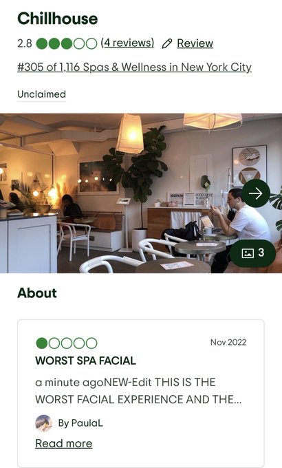 A Tripadvisor-style listing for 'Chillhouse' in New York City, rated 2.8 stars and ranked #305 of 1,116 Spas & Wellness, showing a review titled 'WORST SPA FACIAL' by PaulaL.