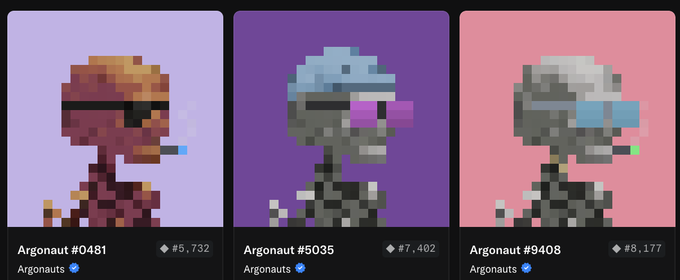Three pixel-art NFT character cards displayed side by side, labeled 'Argonaut #0481', 'Argonaut #5035', and 'Argonaut #9408' from the Argonauts collection, each depicting a stylized skeletal/alien figure smoking a cigarette against a purple or pink background, with Ethereum price tags of Ξ5,732, Ξ7,402, and Ξ8,177 respectively.