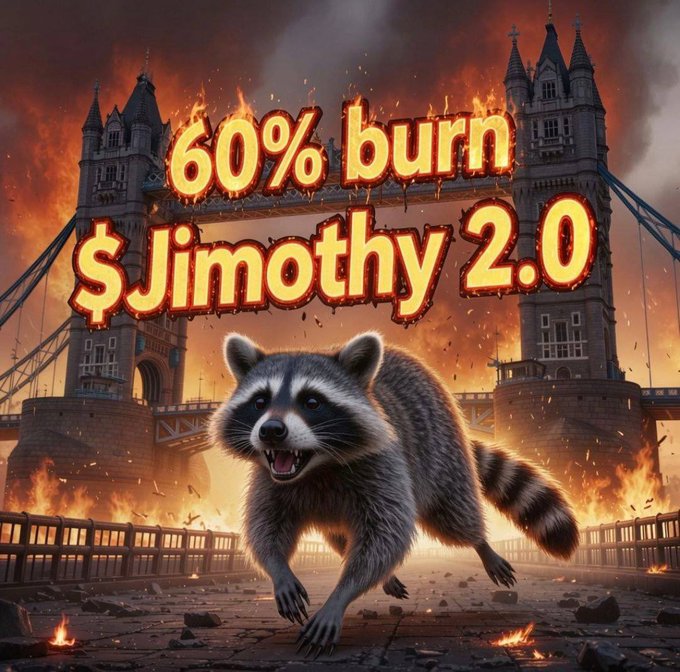 A dramatic digital image showing a snarling raccoon in the foreground with Tower Bridge engulfed in flames behind it, overlaid with bold text reading "60% burn $Jimothy 2.0".
