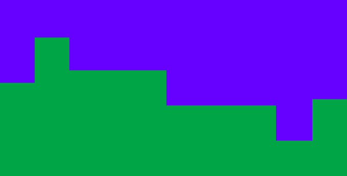 An abstract geometric image with a solid purple upper background and green rectangular blocks forming a stepped, stair-like pattern across the bottom.