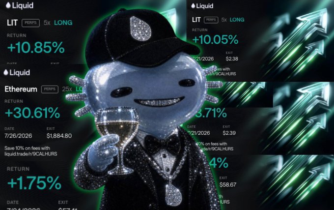 An axolotl mascot in a tuxedo and cap holds a champagne glass against a backdrop of green upward arrows and multiple Liquid trading positions showing strong returns, including LIT +10.85%, Ethereum +30.61%, and another position +1.75%. The image celebrates a profitable trading week on @liquidtrading, with the upward arrows and celebratory mascot visually reinforcing the +167 points and $170k volume mentioned in the post.