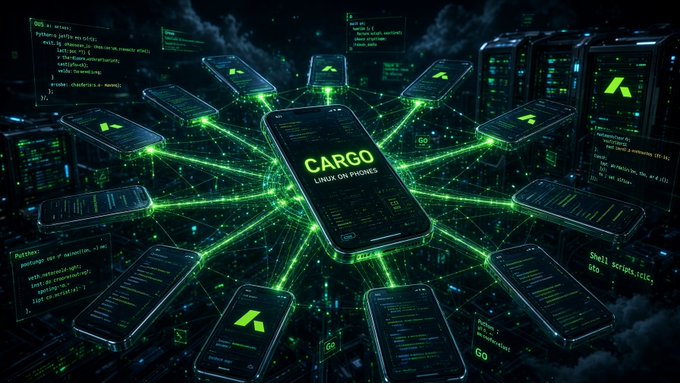 A futuristic digital illustration shows multiple smartphones connected by glowing green network lines, with the central phone displaying the text 'CARGO' and 'LINUX OR PHONES'.