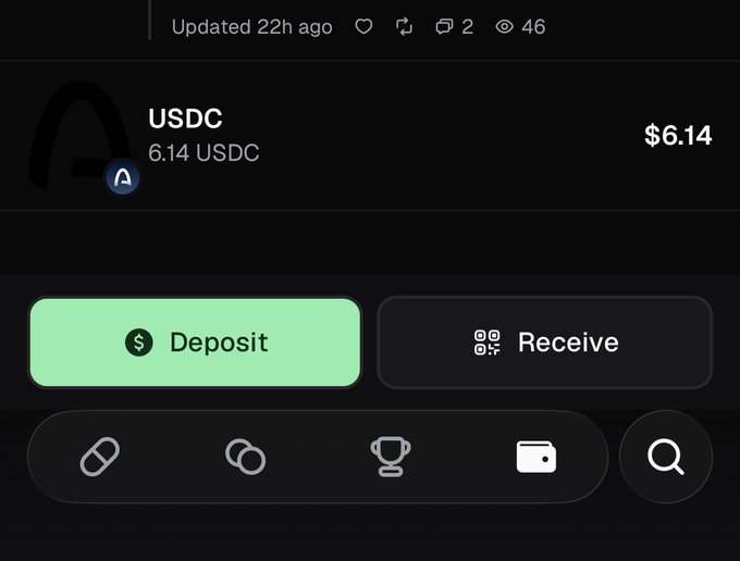 A mobile crypto wallet interface displaying a USDC balance of 6.14 USDC ($6.14) with "Deposit" and "Receive" buttons.