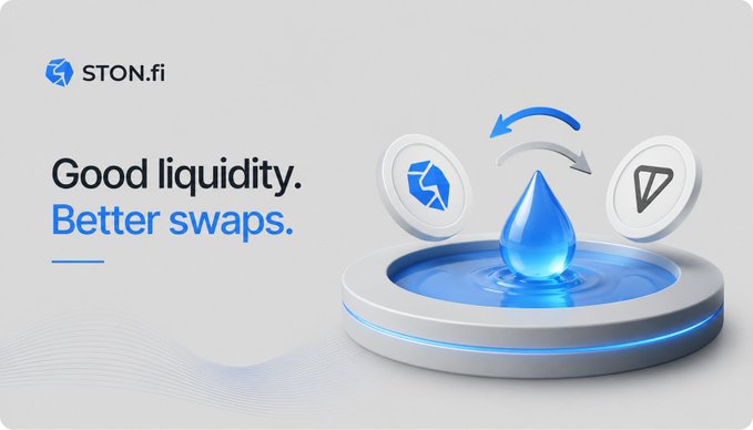 A promotional banner for STON.fi featuring the slogan "Good liquidity. Better swaps." alongside a 3D illustration of a blue liquid drop on a pedestal, flanked by the STON.fi and TON (Telegram Open Network) coin icons connected by a swap arrow.

The image ties directly to the post's message about DeFi adoption by visually representing the concept of liquidity (the prominent water droplet) and token swaps (the two coins with exchange arrows)—two fundamental DeFi concepts that need to be made approachable and understandable for new users entering the space.