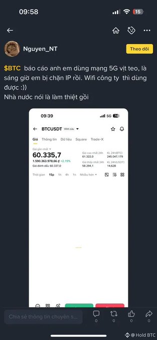 A screenshot of a Vietnamese tweet from 'Nguyen_NT' warning about using 5G for crypto trading due to potential IP blocking, showing a BTCUSDT price of $60,335.7.