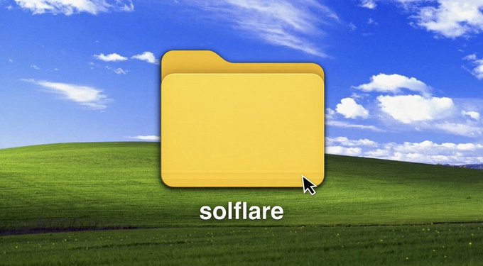 A yellow folder icon labeled "solflare" overlaid on the classic "Bliss" Windows XP wallpaper featuring a blue sky, clouds, and green rolling hills.