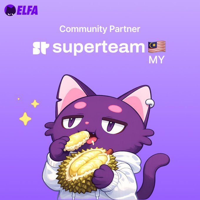 A promotional graphic for ELFA as a 'Community Partner' of Superteam MY (Malaysia), featuring a purple cat character eating durian fruit.