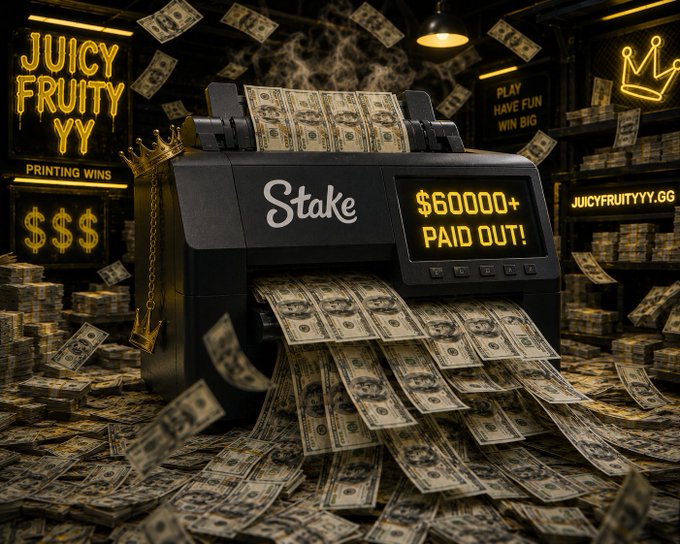 A promotional graphic for 'Stake' and 'Juicy Fruity YY' casino/gambling site shows a money-printing machine dispensing $60000+ in cash with neon signs reading 'PLAY HAVE FUN WIN BIG'.
