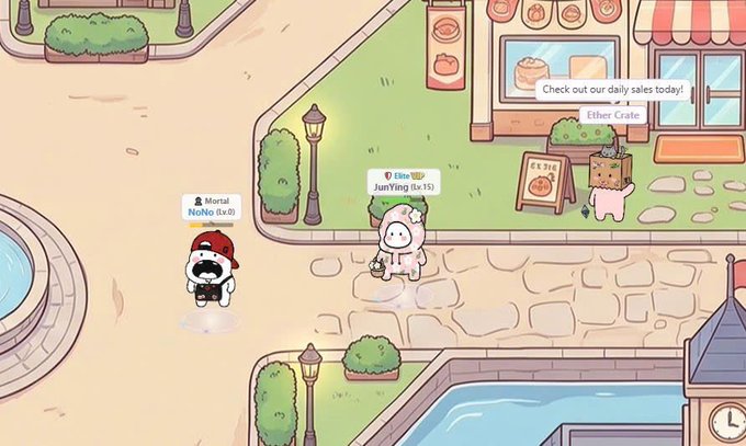 The image shows a screenshot from a colorful, cartoon-style 2D multiplayer game featuring player avatars "Mortal NoNo (Lv.0)," "Elite JunYing (Lv.15)," and "Ether Crate" in a town square with shops advertising "Check out our daily sales today!"—showcasing the game's avatar system and shop features mentioned in the GM's weekly development update.