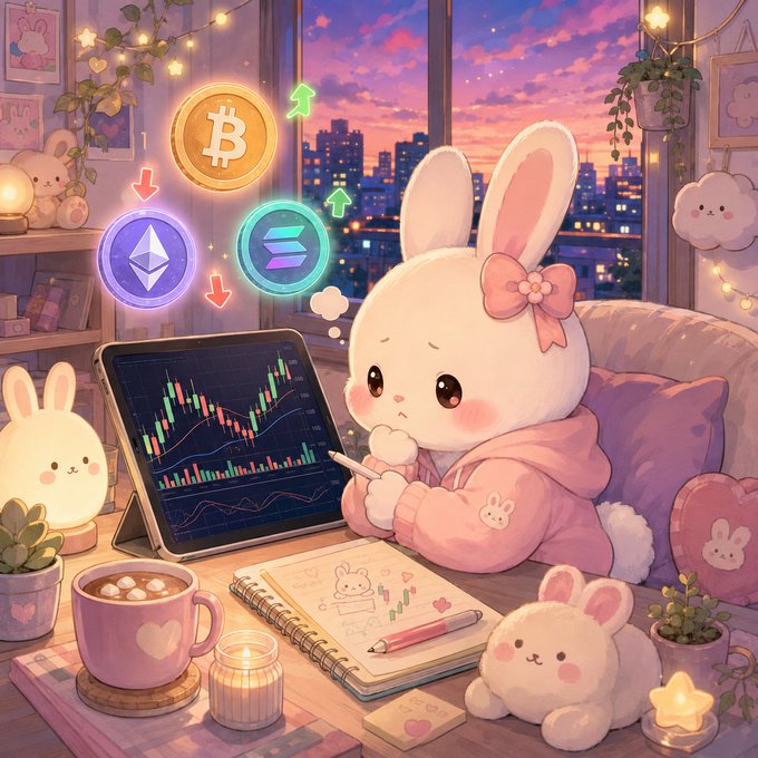 An adorable illustrated bunny character in a pink hoodie studies cryptocurrency trading charts on a tablet, surrounded by Bitcoin, Ethereum, and Solana coin icons, plush toys, and a cozy pink aesthetic setup.