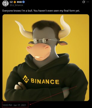 The image shows a tweet from CZ (cz_binance) posted on January 17, 2021, featuring a cartoon bull character with sunglasses wearing a Binance hoodie, captioned "Everyone knows I'm a bull. You haven't even seen my final form yet."

The post highlights how a CZ meme tweet from 2021, showing the bullish Binance bull mascot, has resurfaced and inspired a new meme token, demonstrating how the crypto community continues to draw inspiration from Binance founder CZ's past social media posts to create trending meme coins.