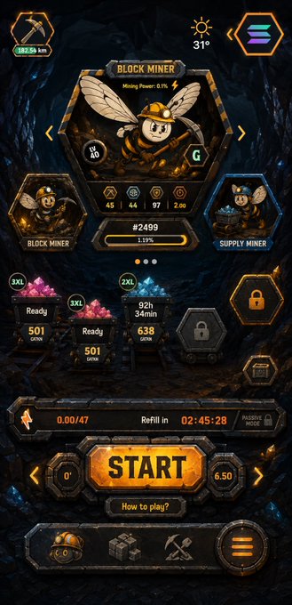 A mobile game screenshot titled "BLOCK MINER" featuring a bee-themed miner character, with stats like "Mining Power: 0.01%", a level 45 indicator, and a "START" button, along with "Ready" resources showing "501" of two types and a timer "92h 34min".
