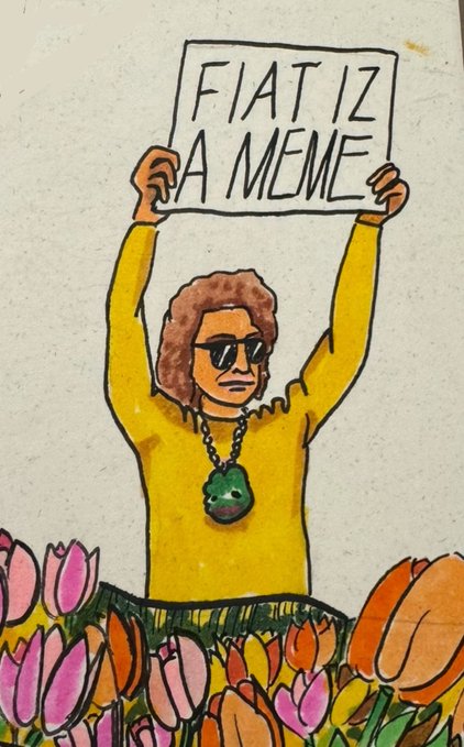 A hand-drawn cartoon depicts a figure in sunglasses and a yellow shirt holding up a sign that reads "FIAT IZ A MEME" while standing in a field of pink and orange tulips.