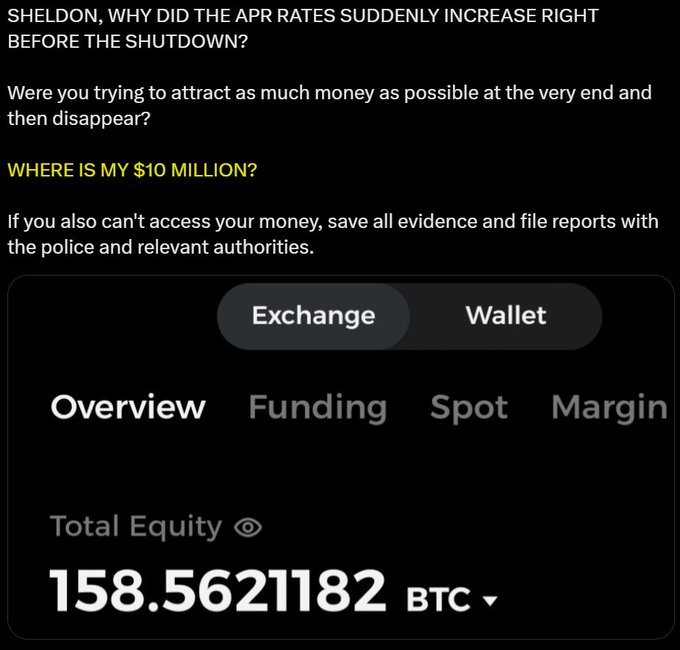 A cryptocurrency exchange interface shows a 'Total Equity' of 158.5621182 BTC, overlaid with text asking 'SHELDON, WHY DID THE APR RATES suddenly INCREASE RIGHT BEFORE THE SHUTDOWN?' and 'WHERE IS MY $10 MILLION?'.