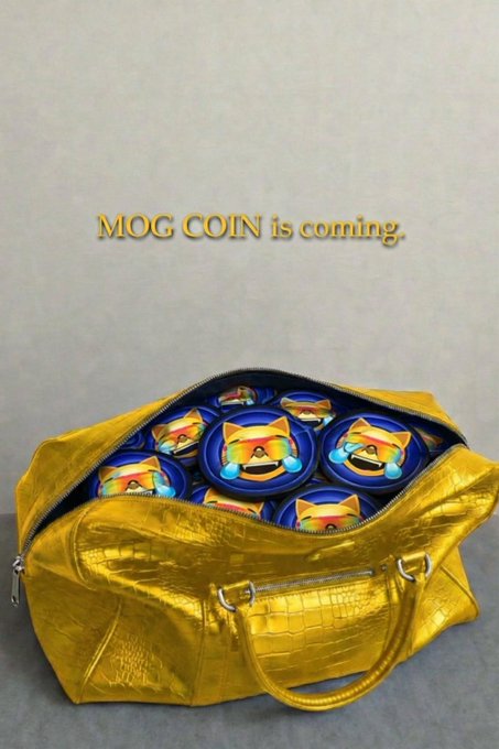 A golden duffle bag is overflowing with "MOG COIN" tokens featuring a crying-laughing cat meme, with the text "MOG COIN is coming." displayed above, visually reinforcing the post's call to stack $MOG before its arrival.