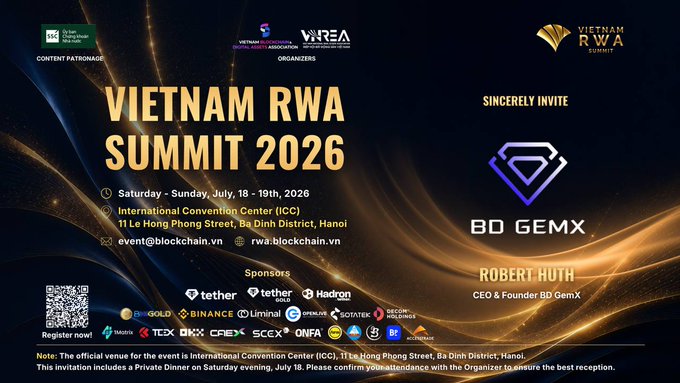 The image is an official invitation to the **Vietnam RWA Summit 2026**, held July 18–19, 2026, at the International Convention Center (ICC) in Hanoi, with event details at event.blockchain.vn and rwa.blockchain.vn. It features BD GemX as an invited guest, highlighting Robert Huth (CEO & Founder) alongside sponsors like Tether, Binance, and Liminal. The post celebrates BD GemX's role as a Media Partner and Robert Huth's personal invitation to the summit.