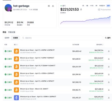 A cryptocurrency portfolio page showing a user 'hot-gorbage' with $9,291.12 balance and $221,021.53 total assets, displaying transaction history of Bitcoin and Ethereum deposits.