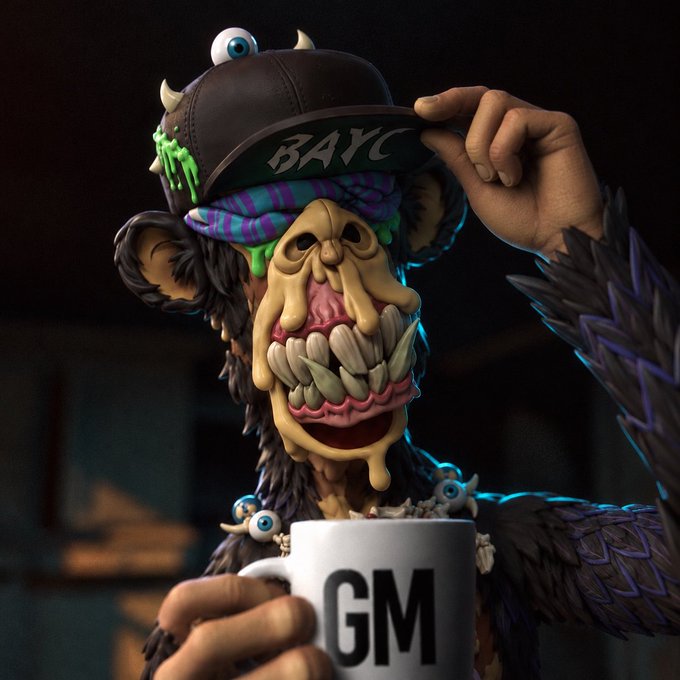 A 3D rendering of a grotesque, furry ape character wearing a 'BAYC' cap and holding a mug that reads 'GM', with green slime and eyeballs on its hat.