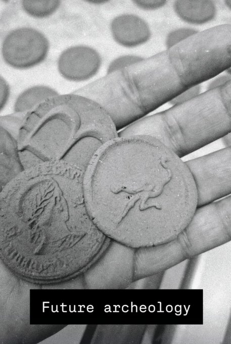 A black-and-white photograph of a hand holding three round tokens or coins with various embossed designs, with the text 'Future archeology' overlaid in a black box.