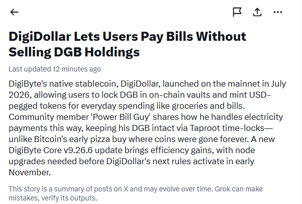 An article titled 'DigiDollar Lets Users Pay Bills Without Selling DGB Holdings' explaining how DigiByte's native stablecoin allows users to lock DGB in on-chain vaults and mint USD-pegged tokens for everyday spending.