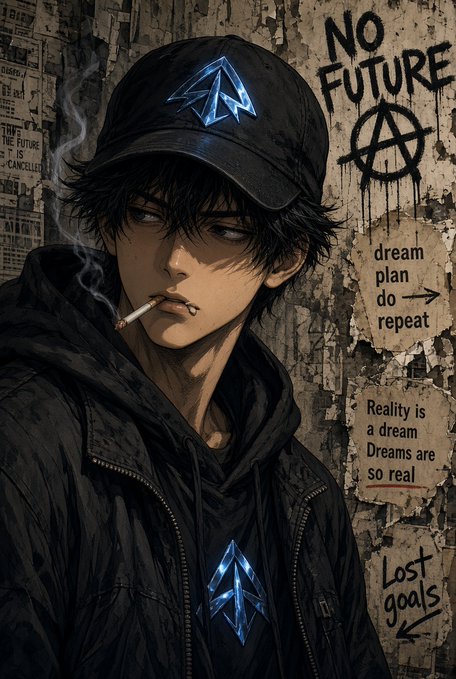 Anime-style artwork of a brooding young man in a black cap and hoodie smoking a cigarette, with graffiti on the wall reading 'NO FUTURE', 'dream plan do → repeat', 'Reality is a dream Dreams are so real', and 'Lost goals'.