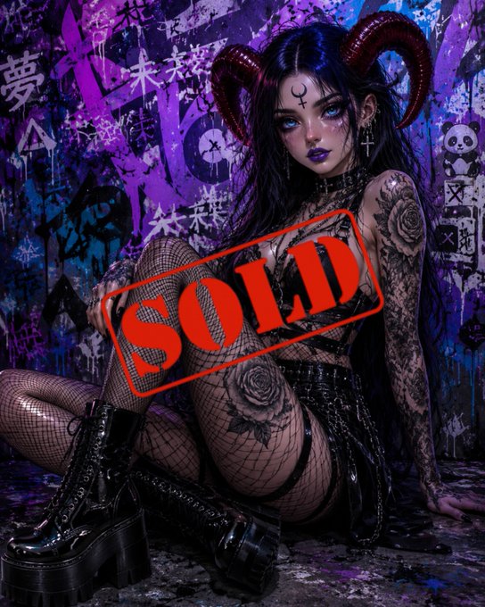 A gothic girl with red horns, third-eye symbol, and rose tattoos poses against a graffiti-covered purple wall, overlaid with a bold red "SOLD" stamp. The image matches the celebratory post announcing the artwork's sale on @xrpcafe, thanking collectors while noting 12 editions remain available.