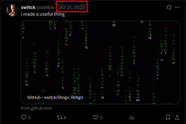 A screenshot of a tweet from switx (@switx) dated Oct 21, 2020 stating 'i made a useful thing', with the date highlighted by a red box and showing GitHub - switx/libngu: libNgU link with engagement metrics (5 replies, 6 retweets, 2 likes).