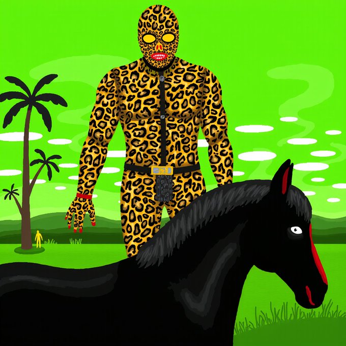 Vibrant illustration of a masked luchador-style figure in a yellow leopard print bodysuit standing beside a black horse with a red stripe, set against a bright green tropical landscape with palm trees.