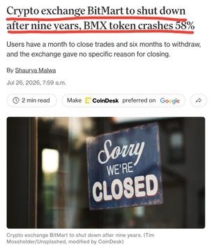 A news article headlined "Crypto exchange BitMart to shut down after nine years, BMX token crashes 58%" with a "Sorry We're Closed" sign on a storefront door, visually reinforcing the post's comparison of BitMart's collapse to other failed crypto platforms like FTX and Celsius as a sign of the ongoing crypto winter's toll on exchanges.