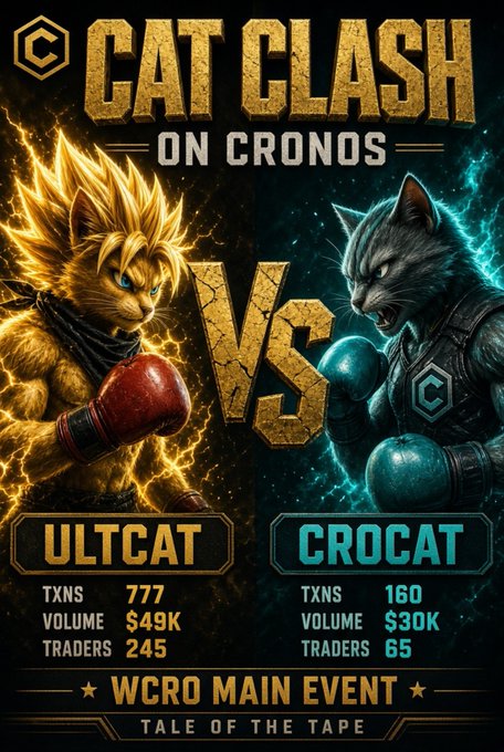 A promotional poster titled 'CAT CLASH ON CRONOS' depicts a boxing match between 'ULTCAT' (golden, glowing) and 'CROCAT' (gray, teal-glowing) with stats including TXNS 777/160, VOLUME $49K/$30K, and TRADERS 245/65, labeled as the 'WCRO MAIN EVENT'.