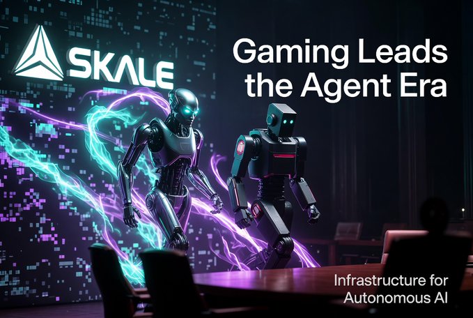 A promotional banner for SKALE with the tagline 'Gaming Leads the Agent Era' and 'Infrastructure for Autonomous AI,' showing two robotic figures amid purple and blue energy effects.