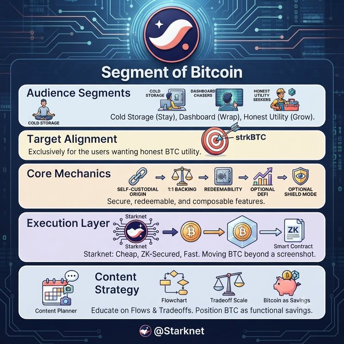 An infographic titled 'Segment of Bitcoin' by @Starknet displays audience segments (Cold Storage, Dashboard, Honest Utility Seekers), target alignment with strkBTC, core mechanics, execution layer on Starknet, and content strategy.