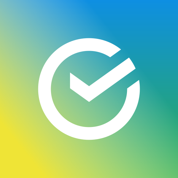 A white circular logo with a checkmark sits against a gradient background transitioning from green to yellow to blue. The image appears to be a branding mark for a fintech or crypto-related platform, likely tied to the breaking news about Sberbank's entry into Russia's regulated crypto market.