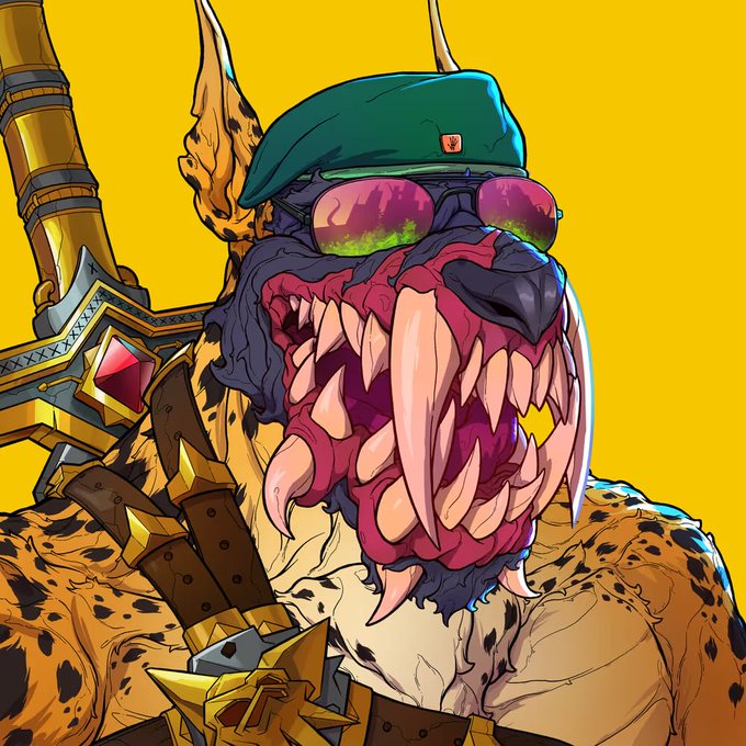 A digital illustration of a monstrous humanoid creature with leopard-print skin, a green beret, reflective sunglasses, and a wide mouth full of sharp fangs, carrying an ornate sword against a yellow background.