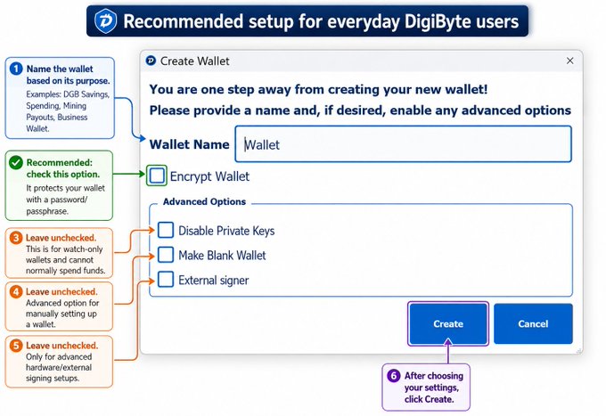 A DigiByte wallet creation tutorial screenshot titled 'Recommended setup for everyday DigiByte users' showing options to name the wallet, encrypt it, and configure advanced settings with numbered instructions.