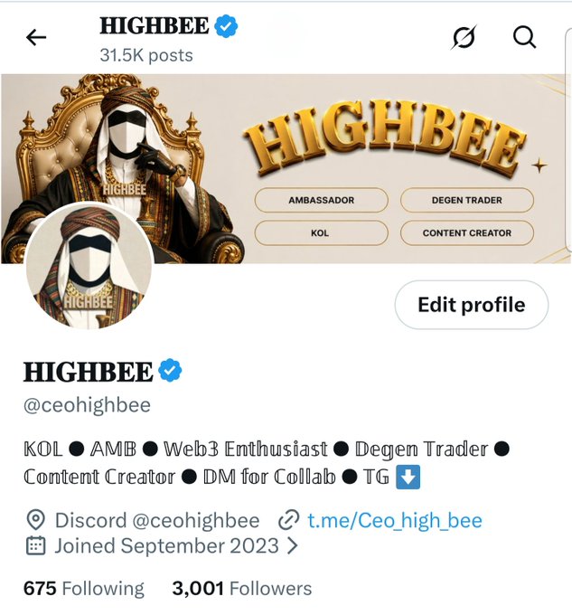A Twitter/X profile page for 'HIGHBEE' (@ceohighbee), a verified account with 3,001 followers, branded with a gold 'HIGHBEE' logo and labeled as a KOL, AMB, Web3 Enthusiast, Degen Trader, and Content Creator.