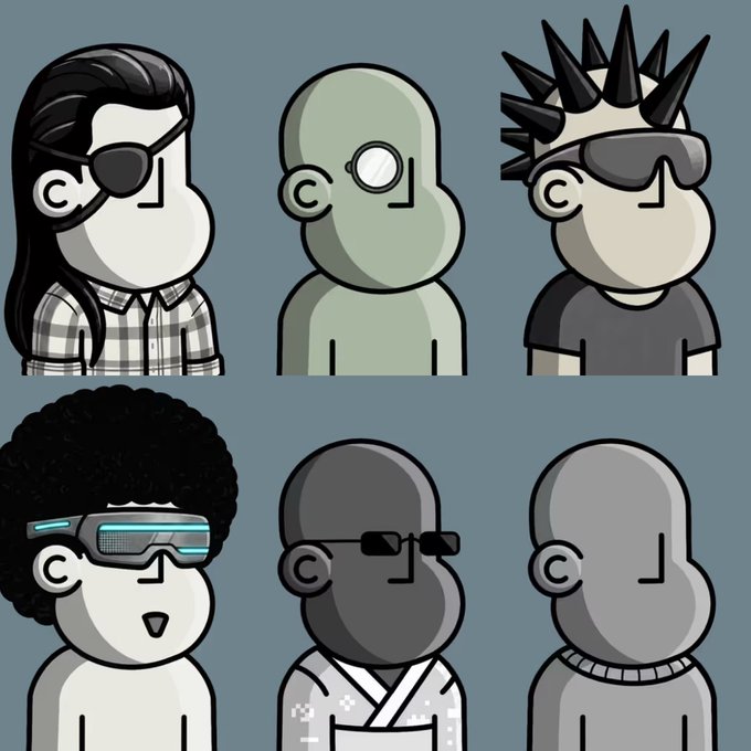 The image features six cartoon characters, each with their own unique style and appearance. They are all wearing glasses and have distinct hairstyles or facial hair. The characters include a bald character, a person with a beard, another individual with a mustache, a character with a goatee, a character with spiky hair, and one who is bald but has a white headband on their forehead. These characters appear to be posing for the camera in various poses, showcasing their distinct styles and personalities. The post that accompanies this image reads: "There's just something about these @npconchain - it's like going shopping in a sweet shop".