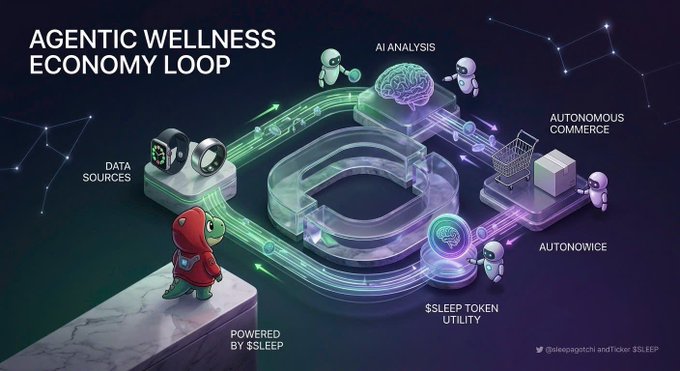 An isometric infographic titled "AGENTIC WELLNESS ECONOMY LOOP" illustrates a continuous cycle featuring a hooded character "POWERED BY $SLEEP" feeding data from smartwatches (DATA SOURCES) through AI analysis, autonomous commerce (shopping cart), and $SLEEP token utility, with small robots (autonowice) executing each stage around a central track. The diagram visually reinforces the post's message about how Sleepagotchi's AI agents create forced token utility by automating onchain wellness transactions rather than just offering advice.