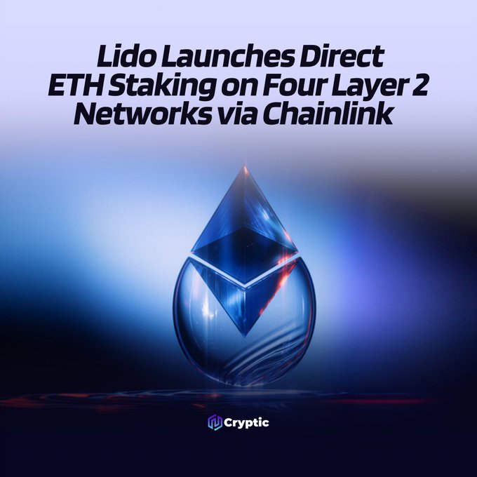 The image displays a stylized 3D rendering of the Ethereum logo—a blue, glass-like diamond/octahedron shape—set against a dark gradient background with subtle red and blue lighting effects. The headline reads "Lido Launches Direct ETH Staking on Four Layer 2 Networks via Chainlink," and the image is branded with the "Cryptic" logo at the bottom, visually reinforcing the announcement about Lido Finance enabling direct ETH staking on Arbitrum, Base, Linea, and Optimism through Chainlink CCIP.