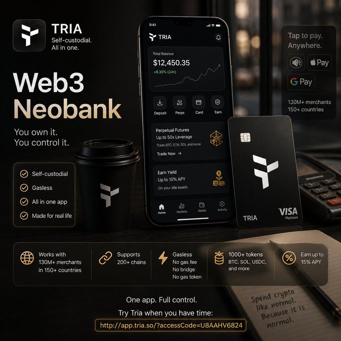 A promotional image for **TRIA**, a self-custodial Web3 Neobank, featuring its mobile app interface showing a $12,450.35 balance and a Visa Platinum card, alongside a coffee cup to evoke everyday spending. The ad highlights key features—gasless transactions, no bridges, support for 200+ chains, and acceptance at 130M+ merchants in 150+ countries—reinforcing the post's point that you can spend crypto like normal money without giving up self-custody.