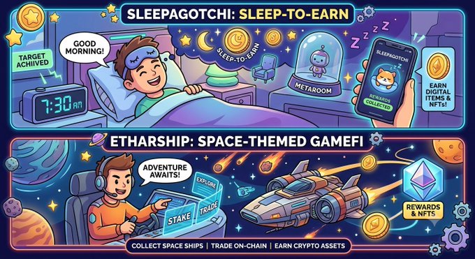 A promotional graphic for two crypto gaming projects: SLEEPAGOTCHI (a 'Sleep-to-Earn' gamified app showing a child waking up with metaverse features) and ETHARSHIP (a 'Space-Themed GameFi' with a spaceship and rewards/NFTs).