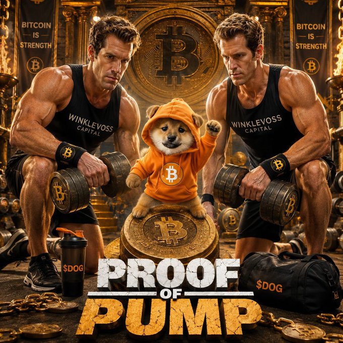 Stylized promotional image featuring two muscular men in 'WINKLEVOSS CAPITAL' tank tops lifting Bitcoin-themed dumbbells, flanking a Shiba Inu dog in an orange Bitcoin hoodie, with text 'PROOF OF PUMP' and 'BITCOIN IS STRENGTH'.