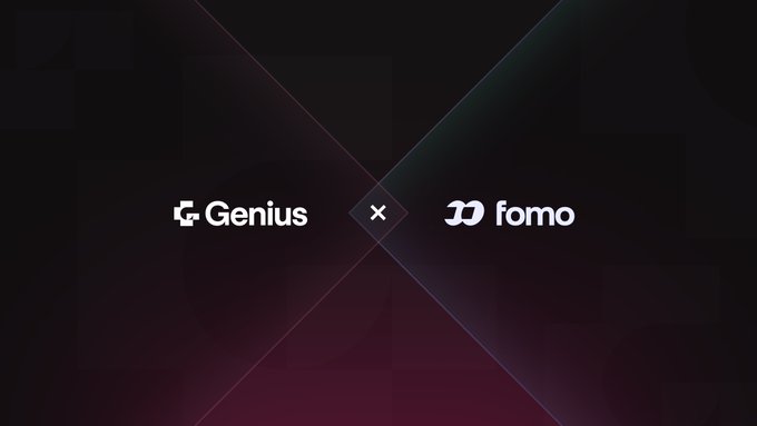 A dark promotional graphic with diagonal X-shaped light streaks features the "Genius" logo on the left and the "fomo" logo on the right, separated by a small diamond containing an "x" symbol. The design visually represents the collaboration between the two platforms, aligning with the announcement that Genius's new launchpad, genius.fun, is now supported on Fomo.
