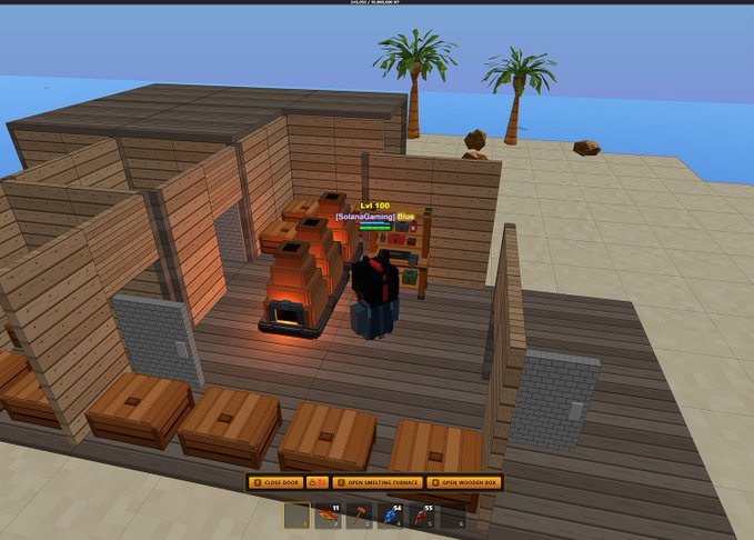 A screenshot from a Roblox survival game showing a player character interacting with a 'Smelting Furnace' on a wooden platform structure, with a crafting menu open at the bottom offering options to 'COOK FOOD', 'OPEN SMELTING FURNACE', and 'OPEN WOODEN BOX'.