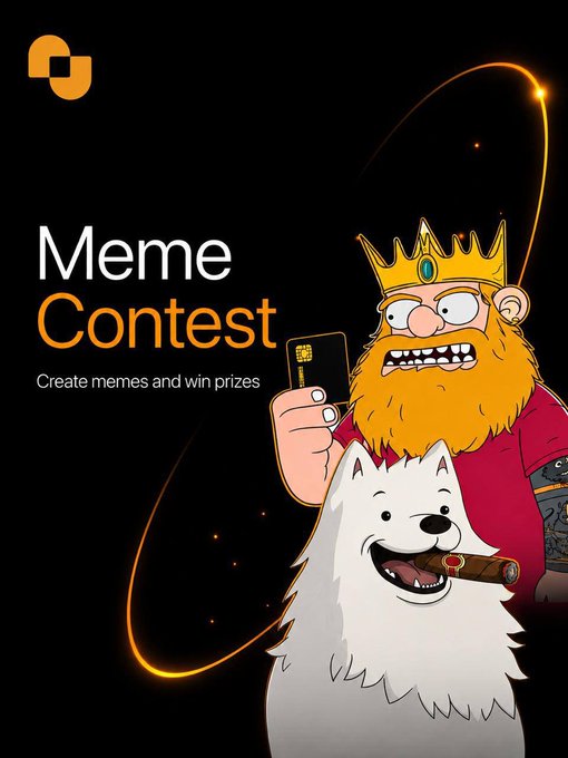 A promotional graphic for a "Meme Contest" featuring a cartoon king with a golden crown holding a credit card next to a fluffy white dog smoking a cigar, alongside the tagline "Create memes and win prizes." The dark background with orange accent lights and the Quants logo reinforce the contest's branding, aligning with the call to action to create and tag memes at @tryquantio and @nftquants before the contest ends.
