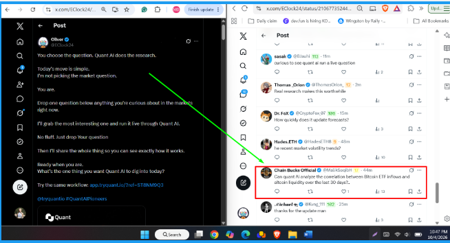 A split-screen screenshot shows a Twitter post by @Oliver_ asking people to submit market research questions for Quant AI, paired with an X.com reply by 'Chain Bucks Official' mentioning MarketMoni ETH and liquidity.
